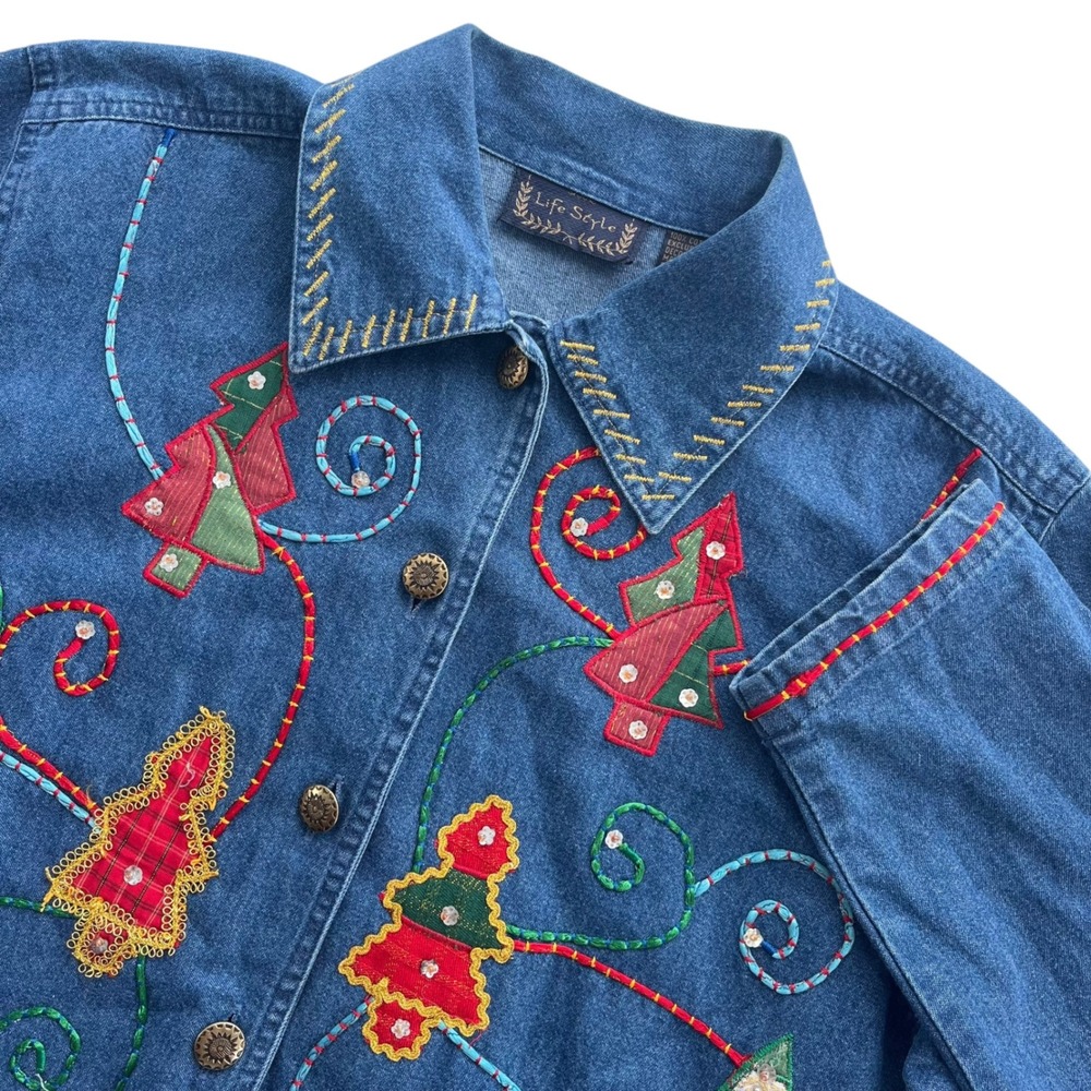 Life Style M Blue Denim Embroidery Christmas Trees Button Front Shirt Jacket VTG